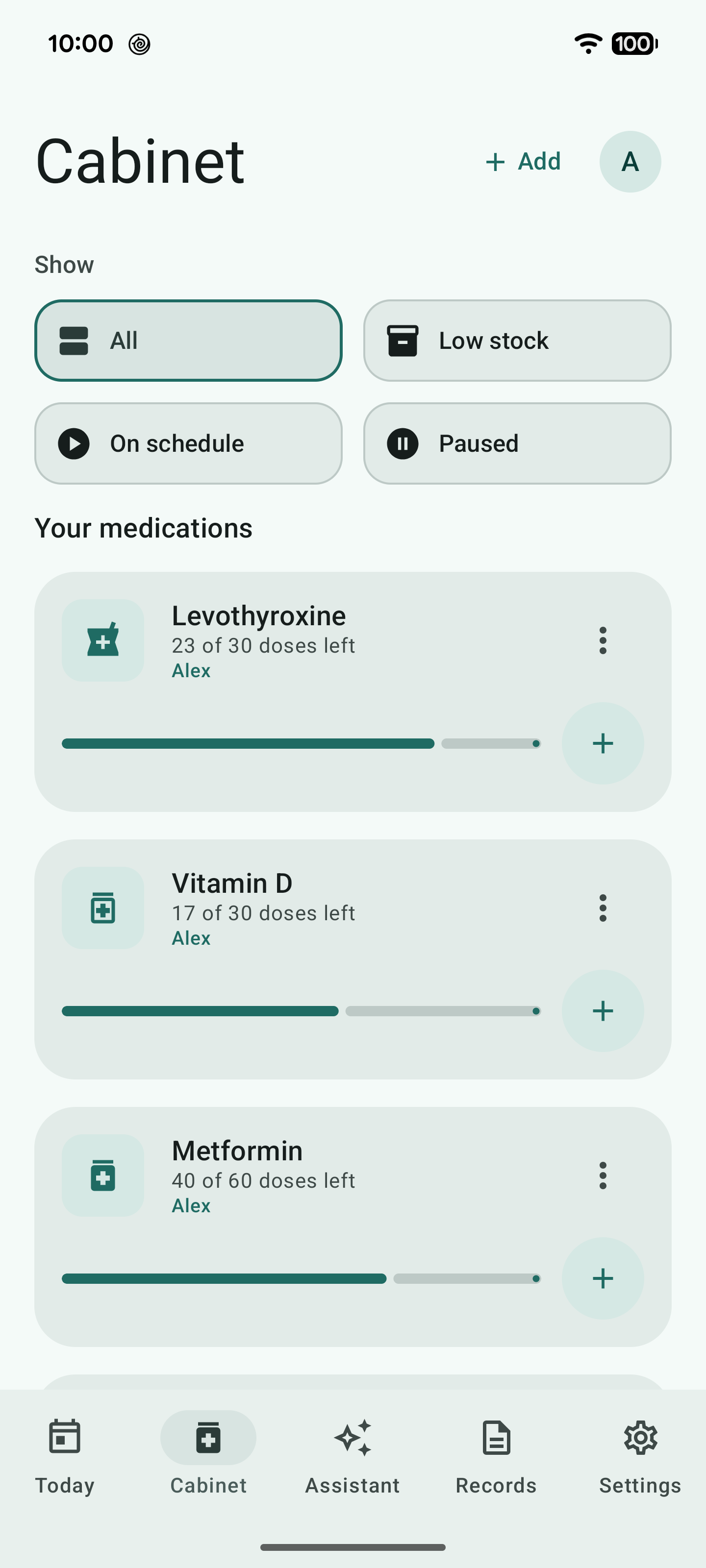 Tervi Cabinet screen showing medication supply levels and filters