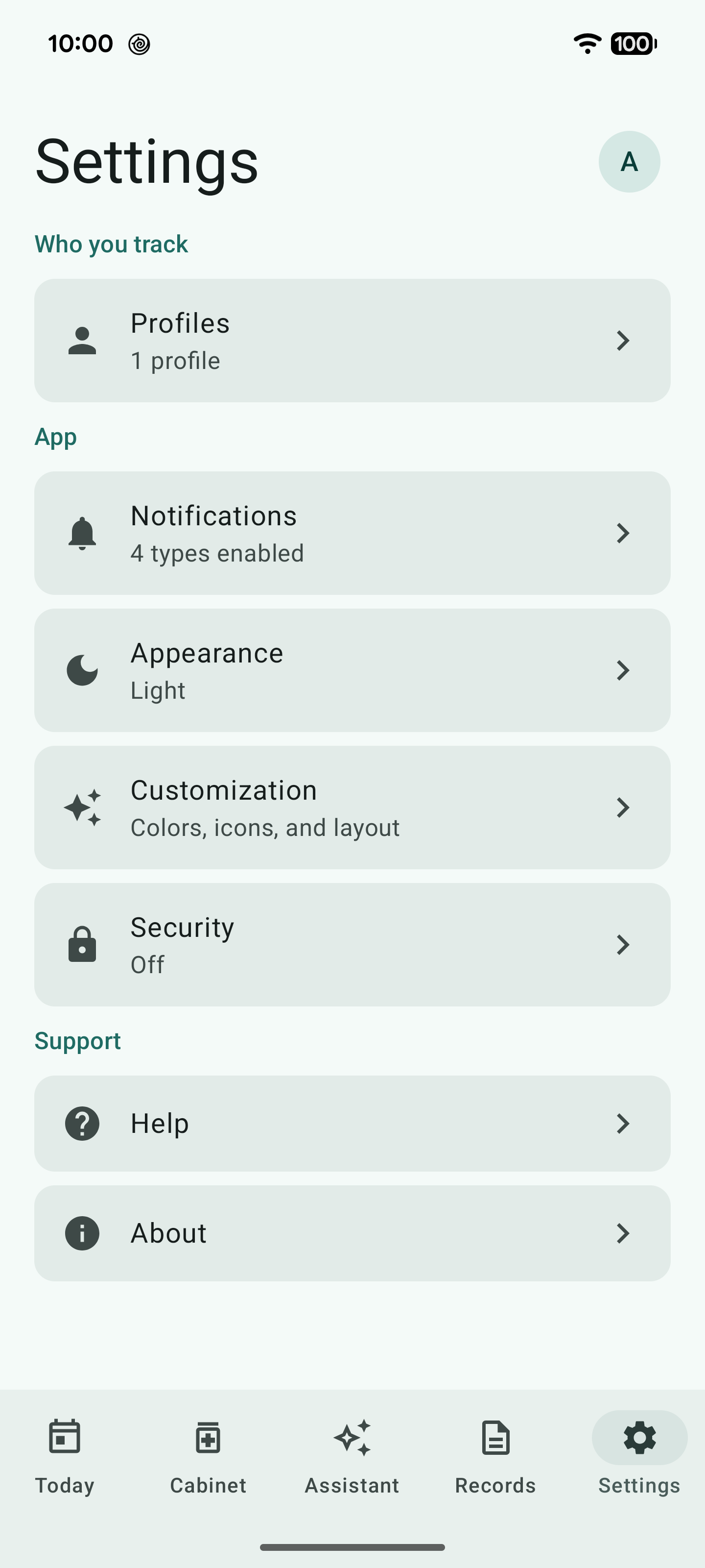 Tervi Settings screen with profiles, notifications, appearance, security, and help